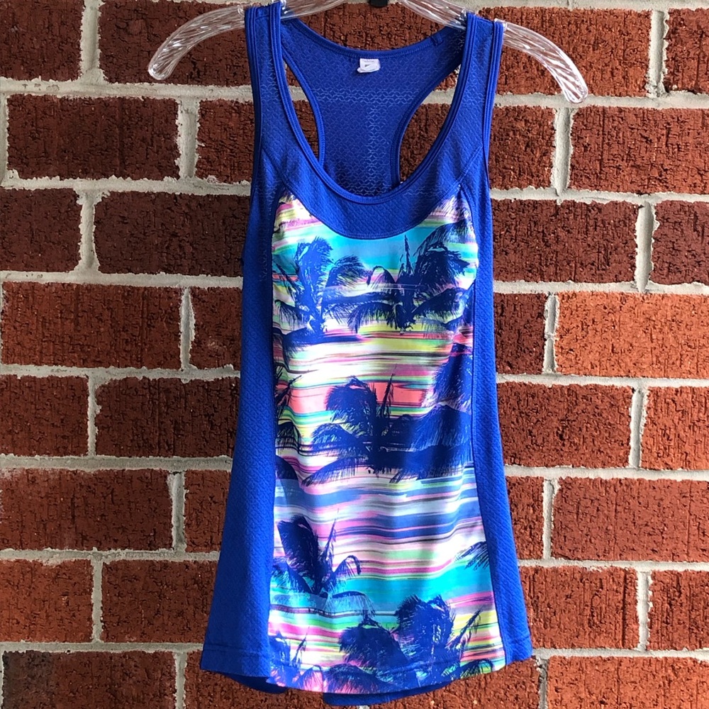 💜FILA womens XS racerback running tank top Dazzling Blue palm trees —#058 - Picture 7 of 9